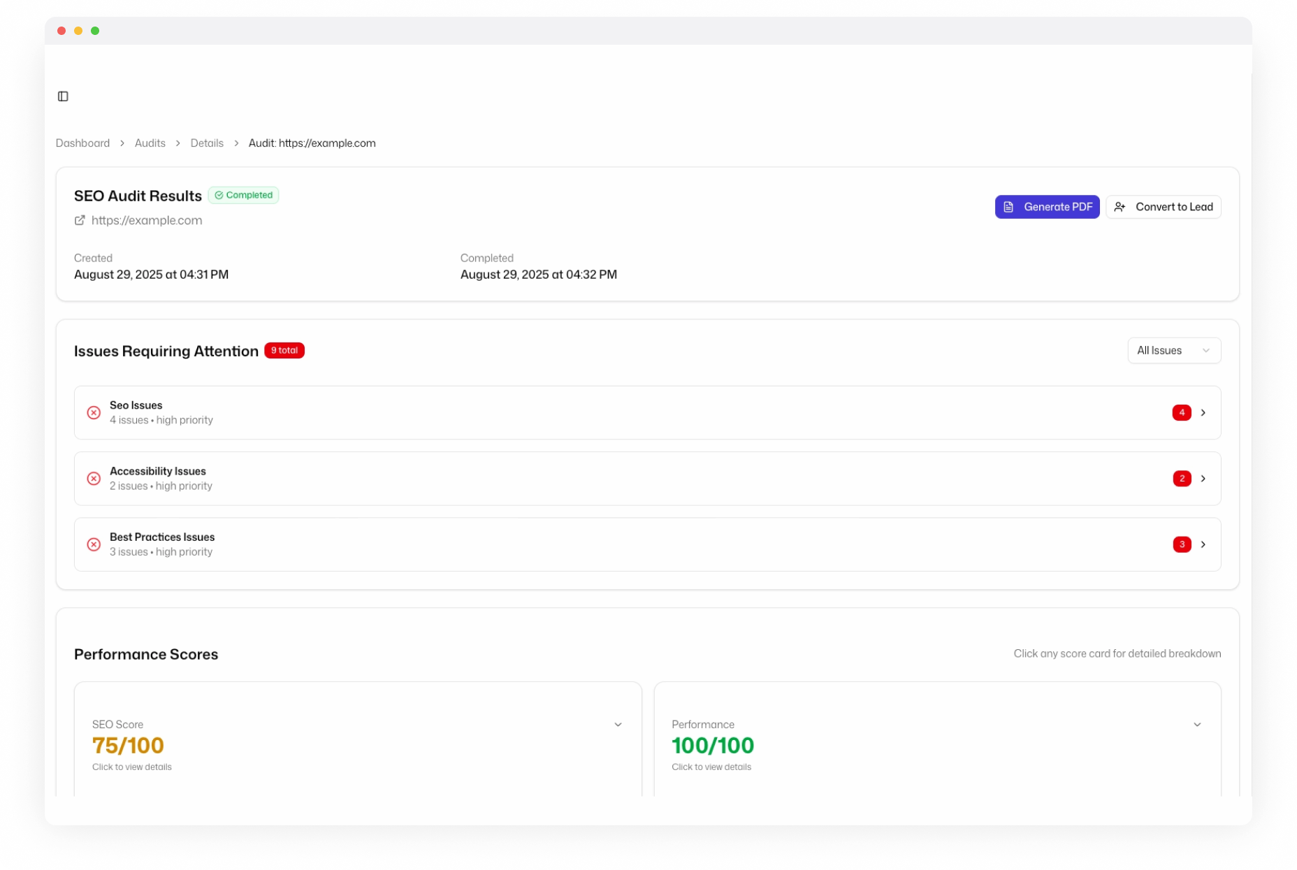 Powerful SEO insights at your fingertips dashboard interface showing SEO audit results and analytics
