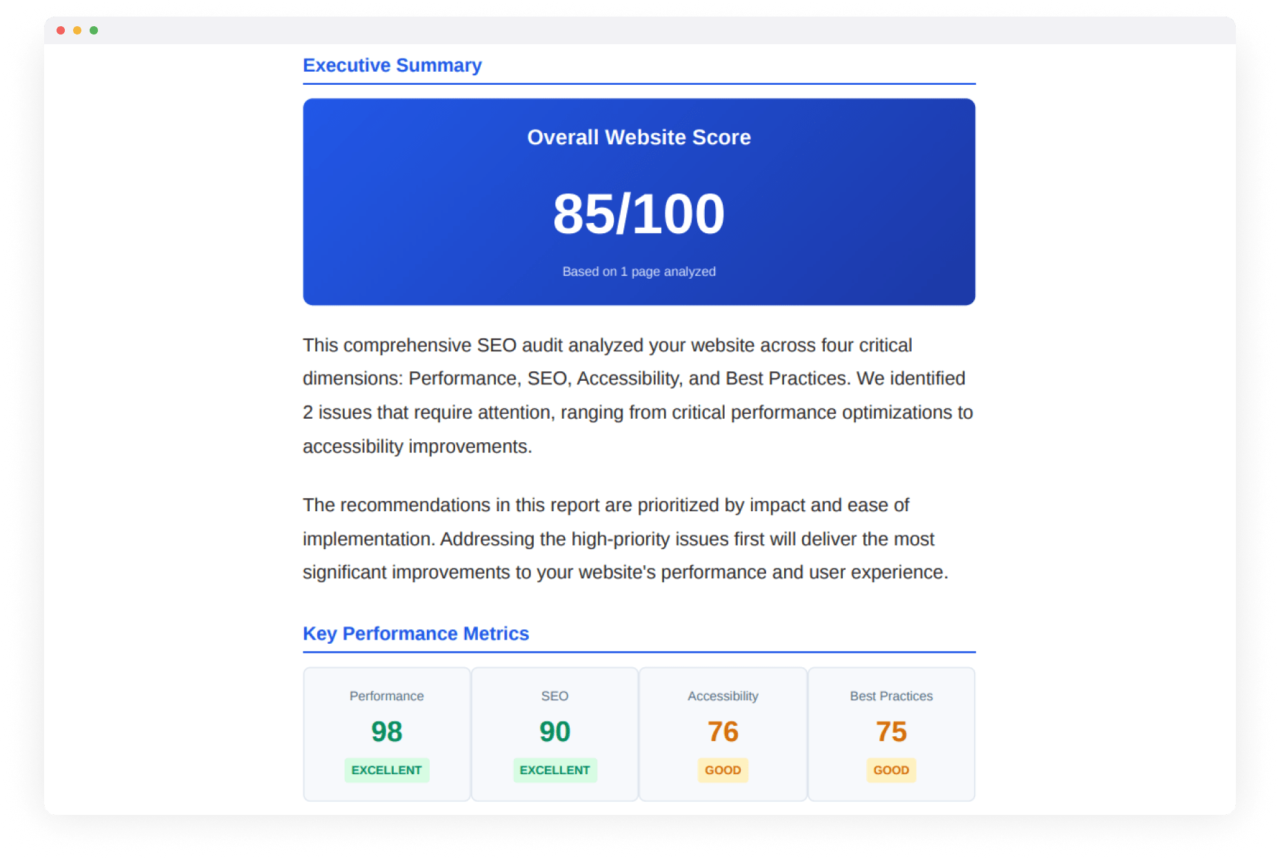 Share reports that win deals dashboard interface showing SEO audit results and analytics