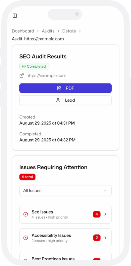 Powerful SEO insights at your fingertips mobile interface for SEO audit management