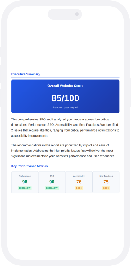 Share reports that win deals mobile interface for SEO audit management